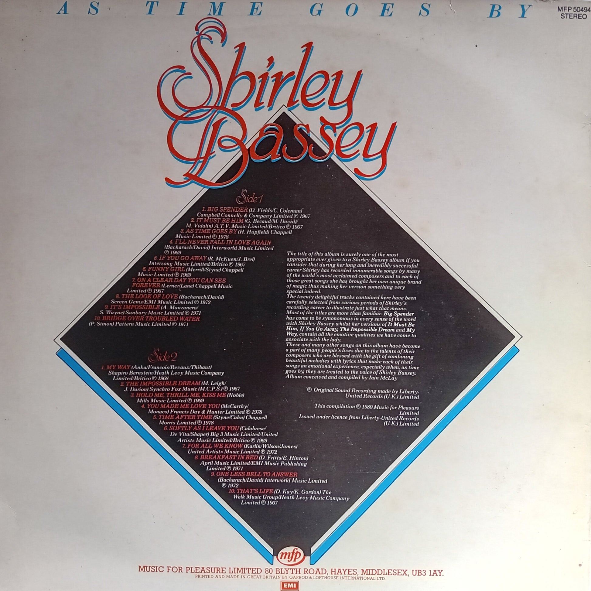 Album cover for 'As Time Goes By' by Shirley Bassey with text and design elements.