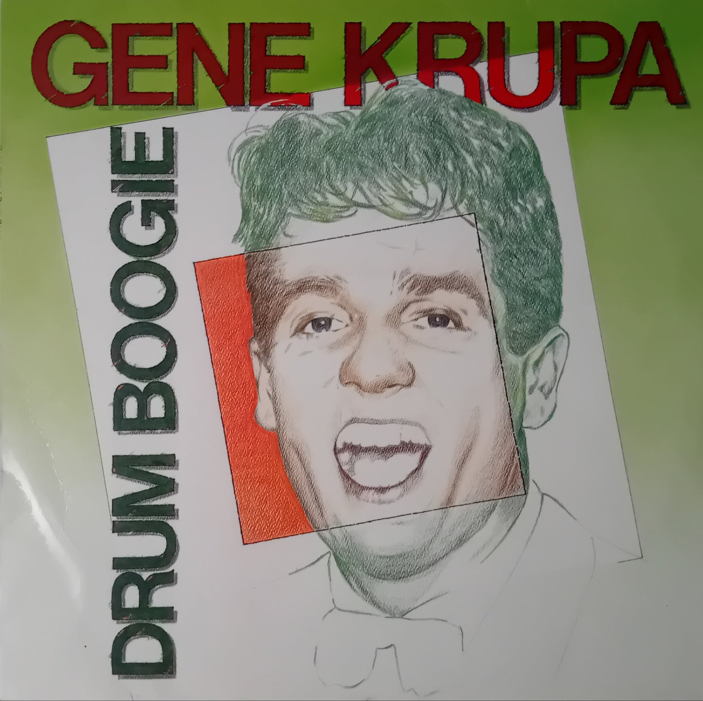 Album cover of 'Drum Boogie' by Gene Krupa with a stylized portrait on a green background.