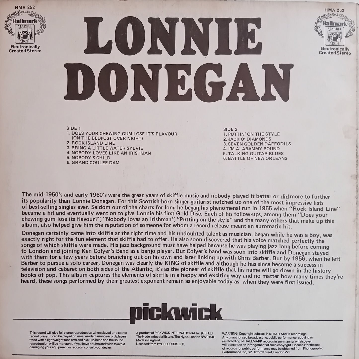 Back cover of a Lonnie Donegan album with text and branding.