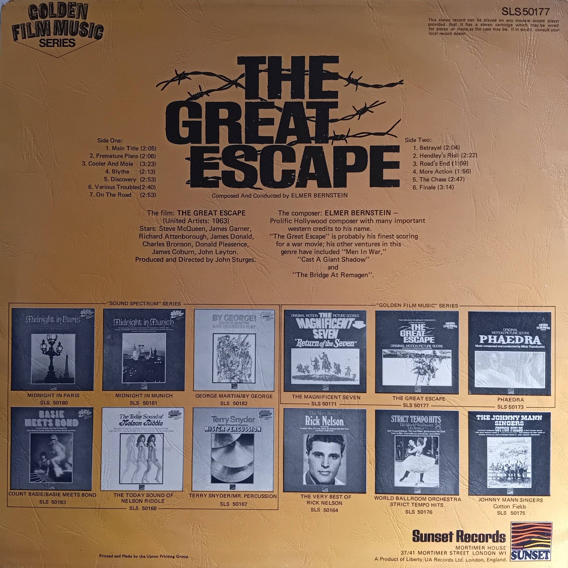 Back cover of a vinyl record album titled 'The Great Escape' from the Golden Film Music Series.