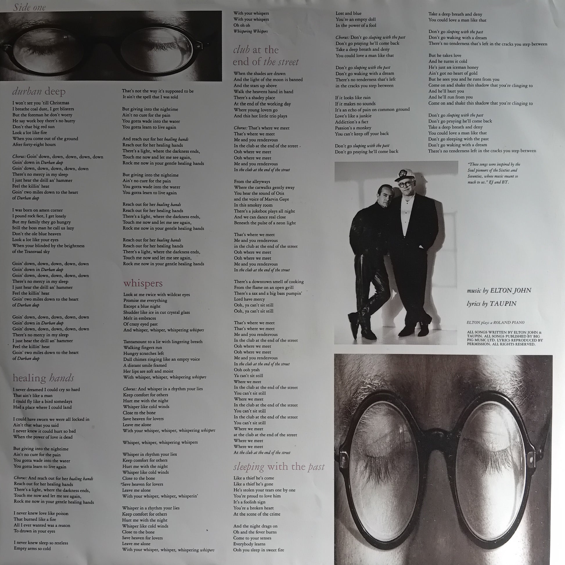 Album cover with text, black and white photos of a man and woman, and a person wearing glasses.