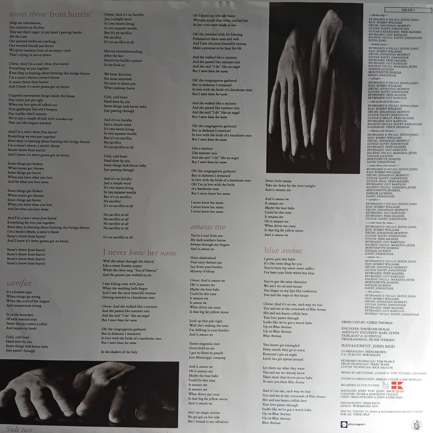 Album cover with text and images of hands on a gray background