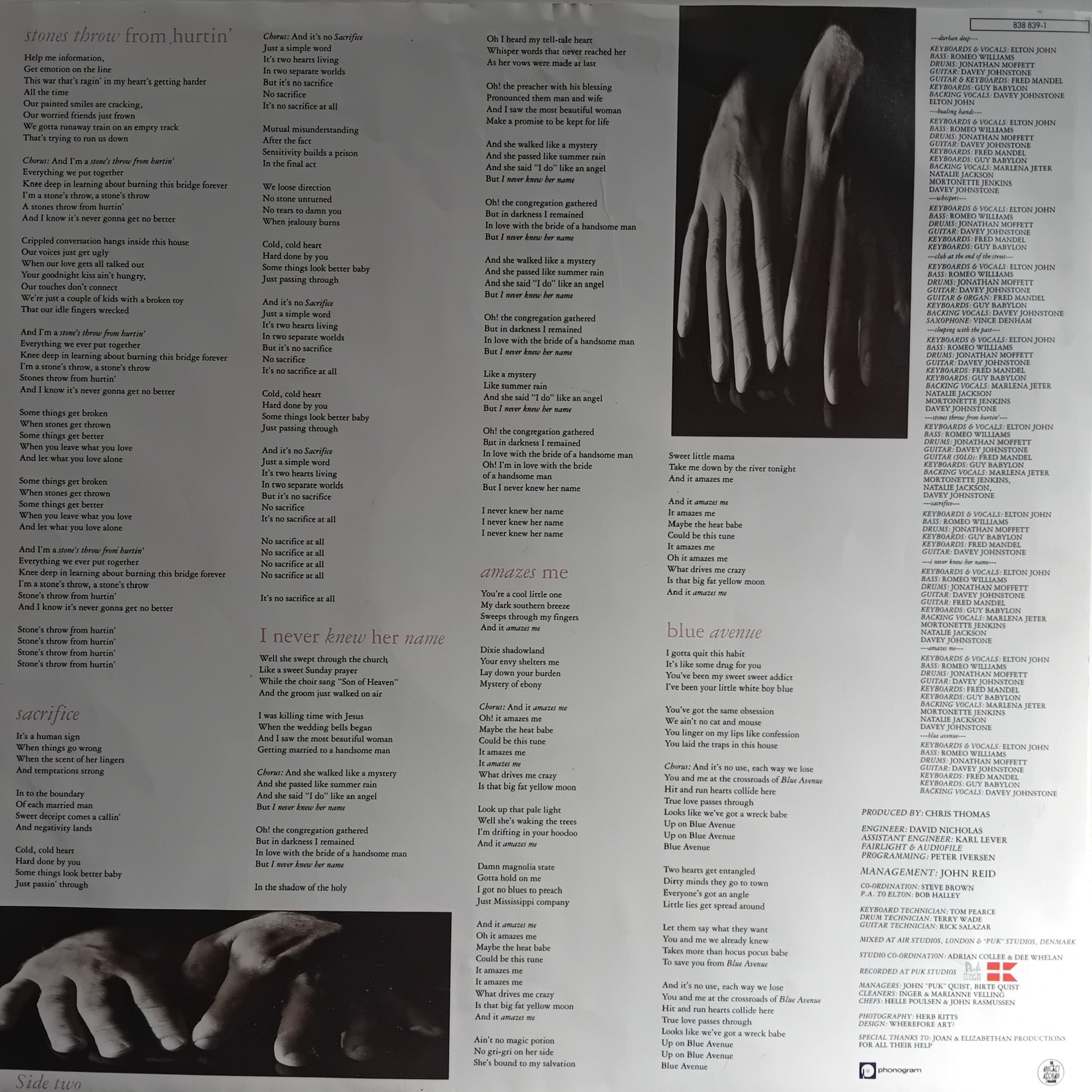 Album cover with text and images of hands on a gray background