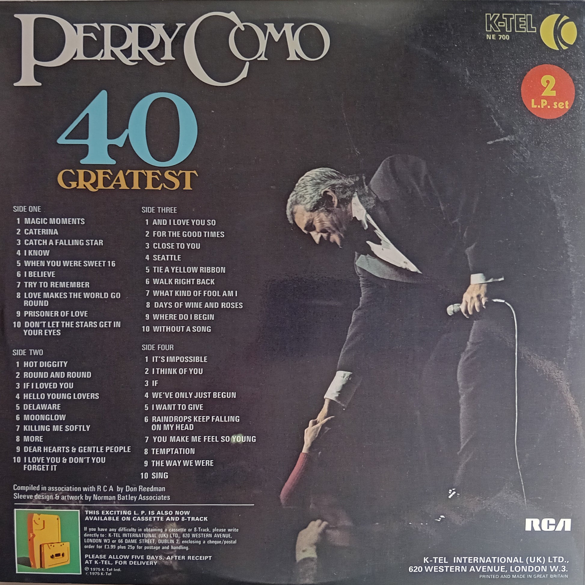 Back cover of Perry Como's '40 Greatest' album with tracklist and portrait of Perry Como.