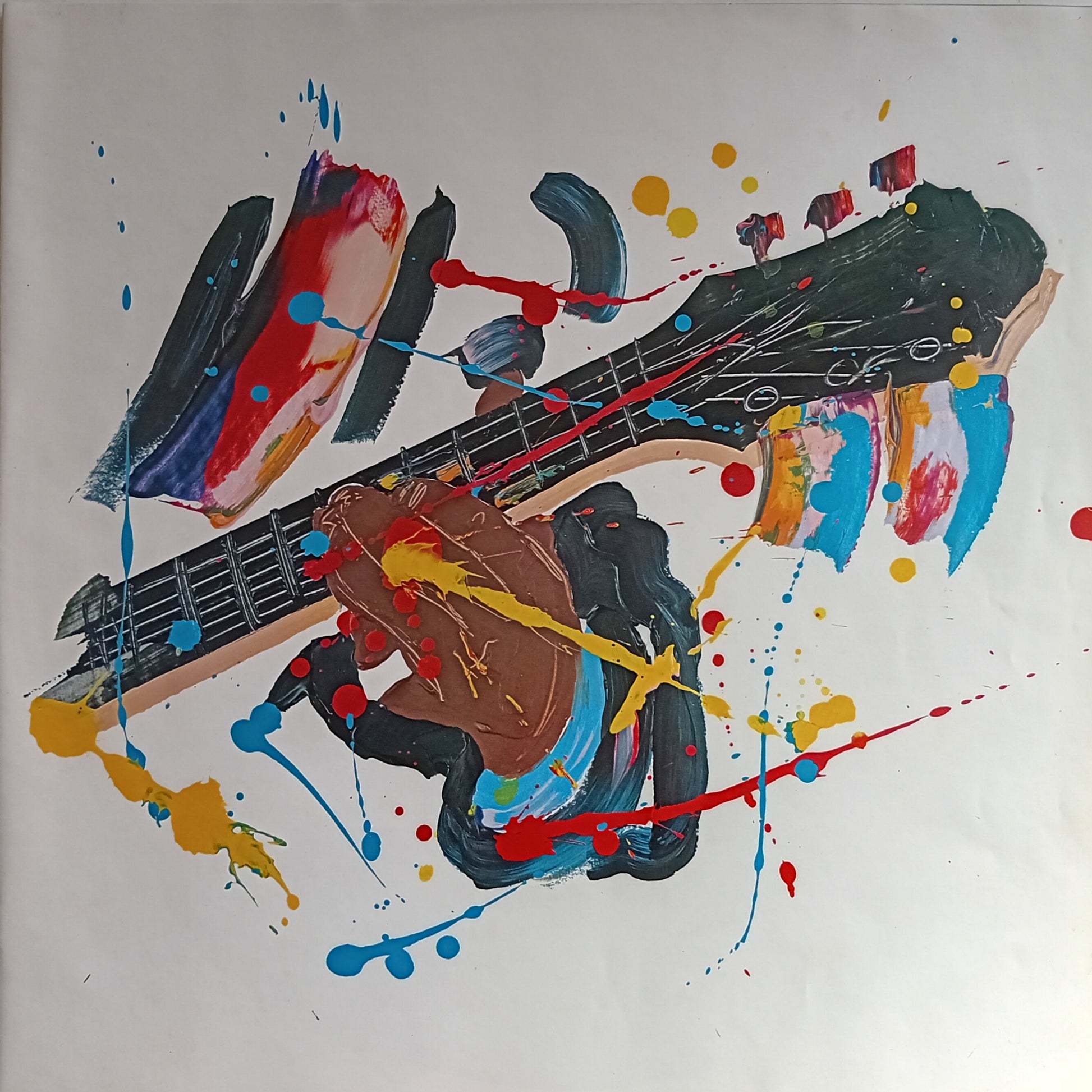 Abstract painting of a guitar with colorful splashes on a white background
