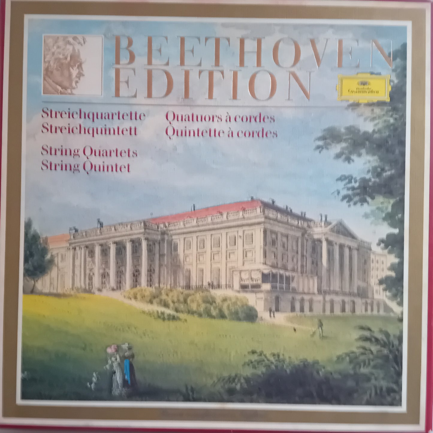 Beethoven Edition classical music album cover featuring a large classical building on a green lawn under a blue sky, with the title 'BEETHOVEN EDITION' at the top and a yellow Deutsche Grammophon logo in the upper right.