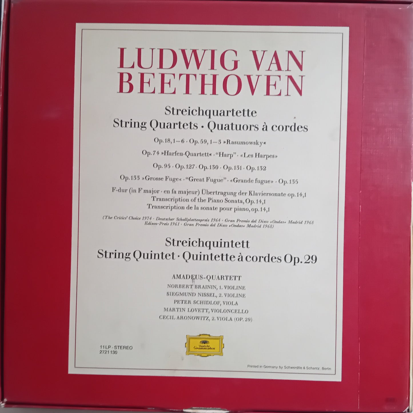 A square red box or sleeve with a large white front label featuring the text 'LUDWIG VAN BEETHOVEN' and track listings for string quartets and quintets, including Op. 29.