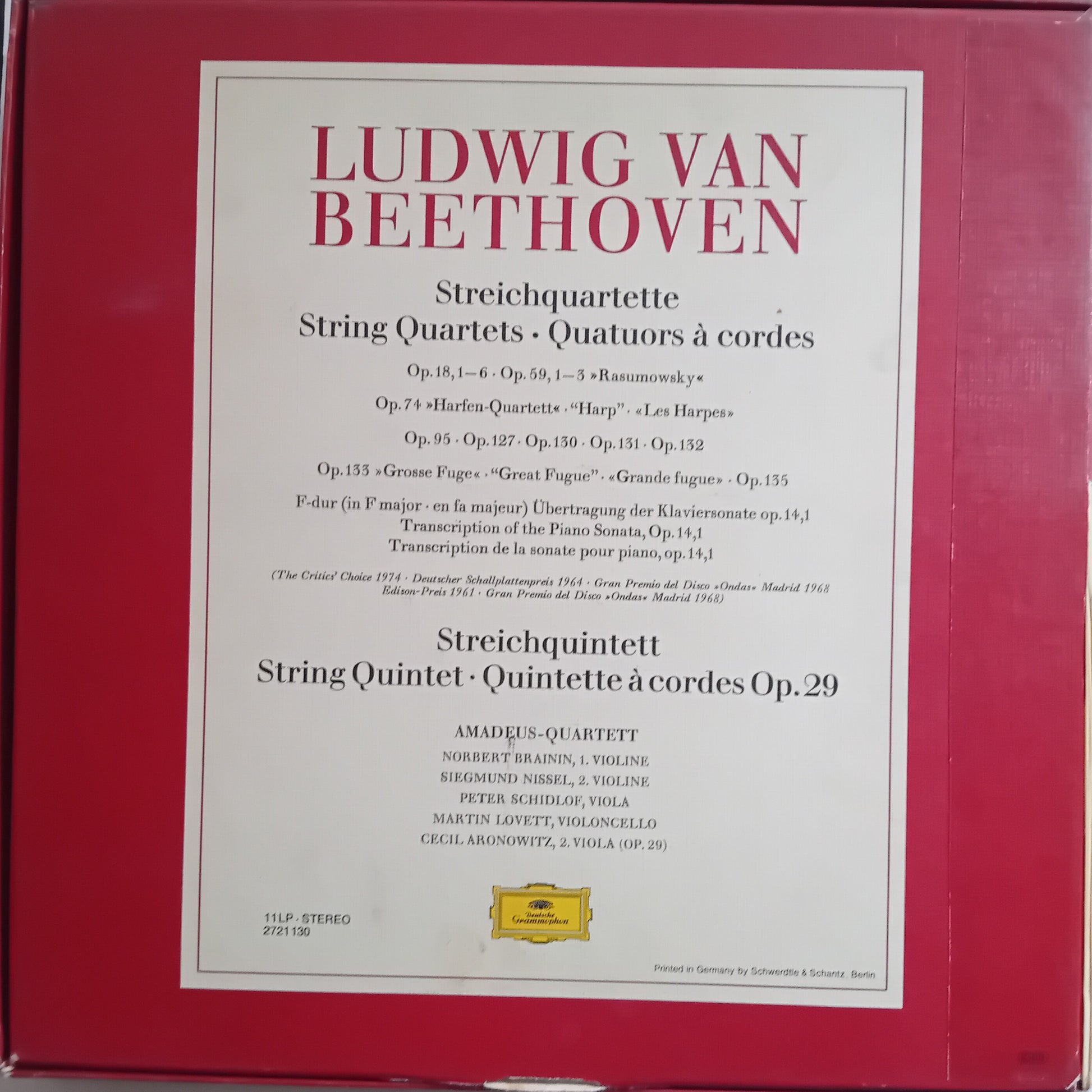 A square red box or sleeve with a large white front label featuring the text 'LUDWIG VAN BEETHOVEN' and track listings for string quartets and quintets, including Op. 29.