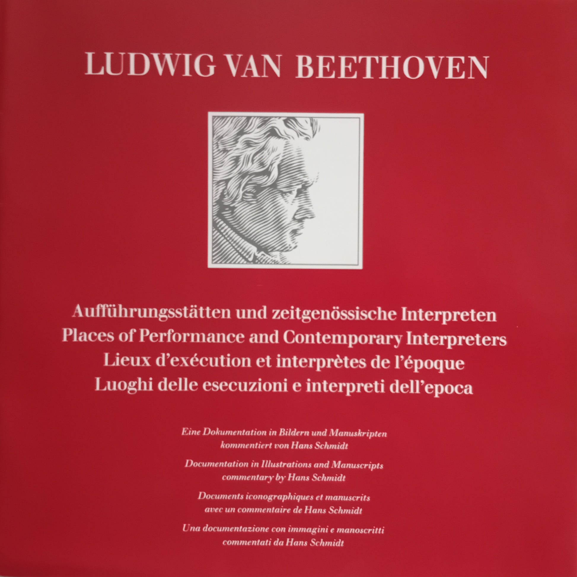 A red book cover featuring the text 'LUDWIG VAN BEETHOVEN' at the top, a small white square portrait illustration in the center, and multiple lines of white text below in German, English, French, and Italian.