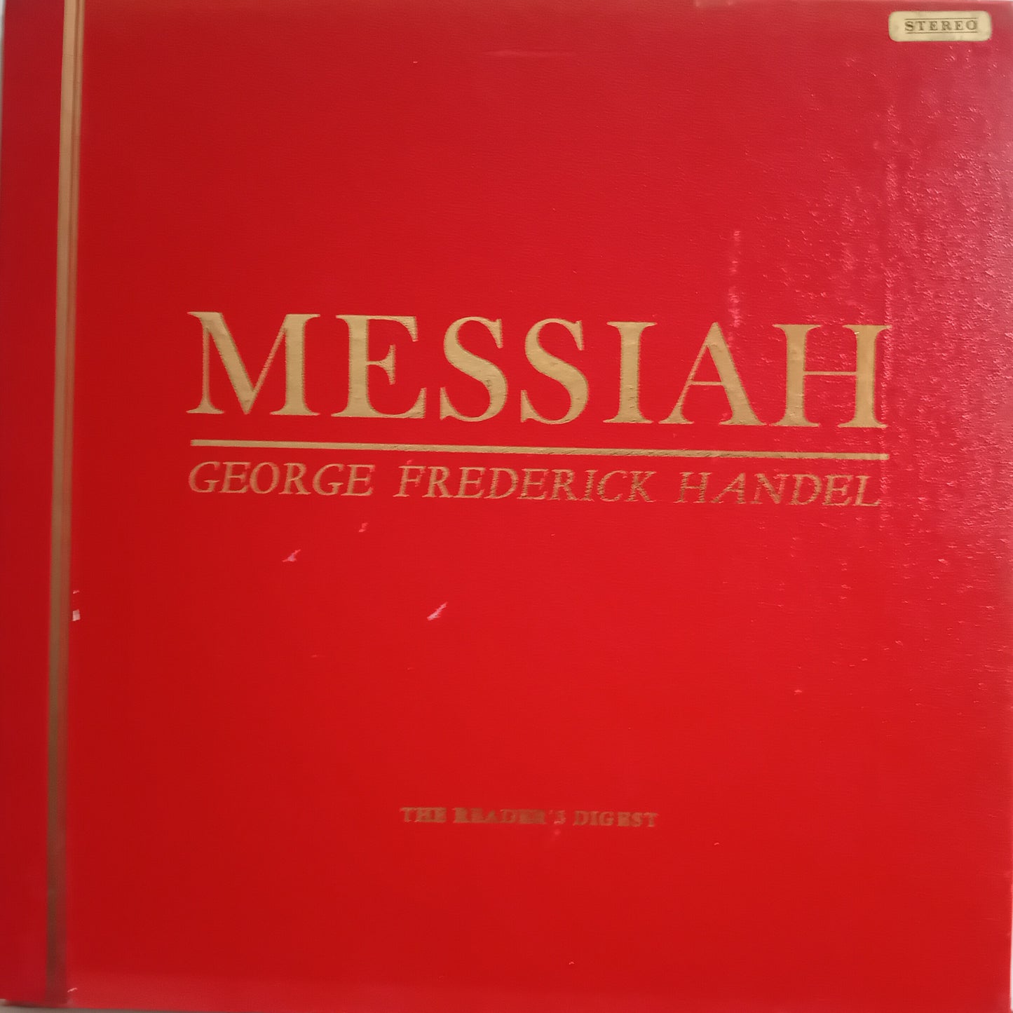 A red album cover for 'Messiah' by George Frederick Handel, featuring gold lettering and a small 'STEREO' label in the top right corner.