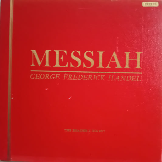 A red album cover for 'Messiah' by George Frederick Handel, featuring gold lettering and a small 'STEREO' label in the top right corner.