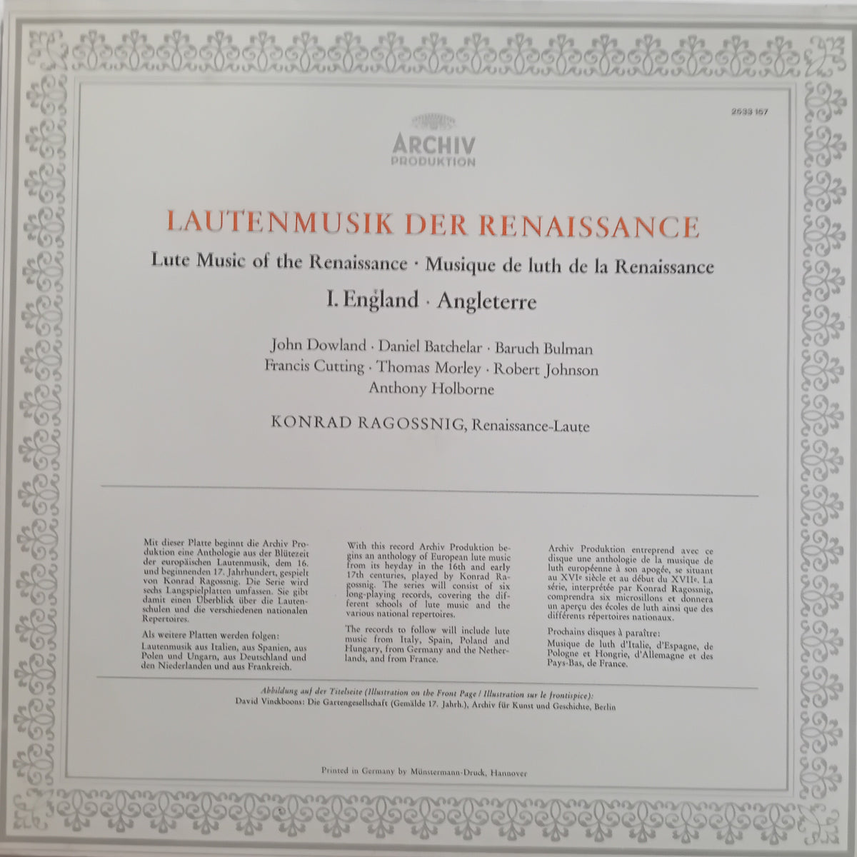 A square LP cover with ornate border decoration, featuring the title 'LAUTENMUSIK DER RENAISSANCE' and text for a Renaissance music album. Visible branding at the top reads 'ARCHIV Produktion'.