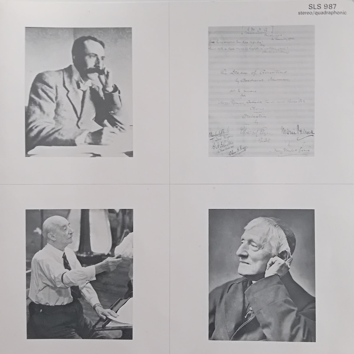 A printed page or card showing four black-and-white photographs arranged in a 2x2 grid, with handwritten notes in the top-right panel and the text 'SLS 987' in the upper right corner.