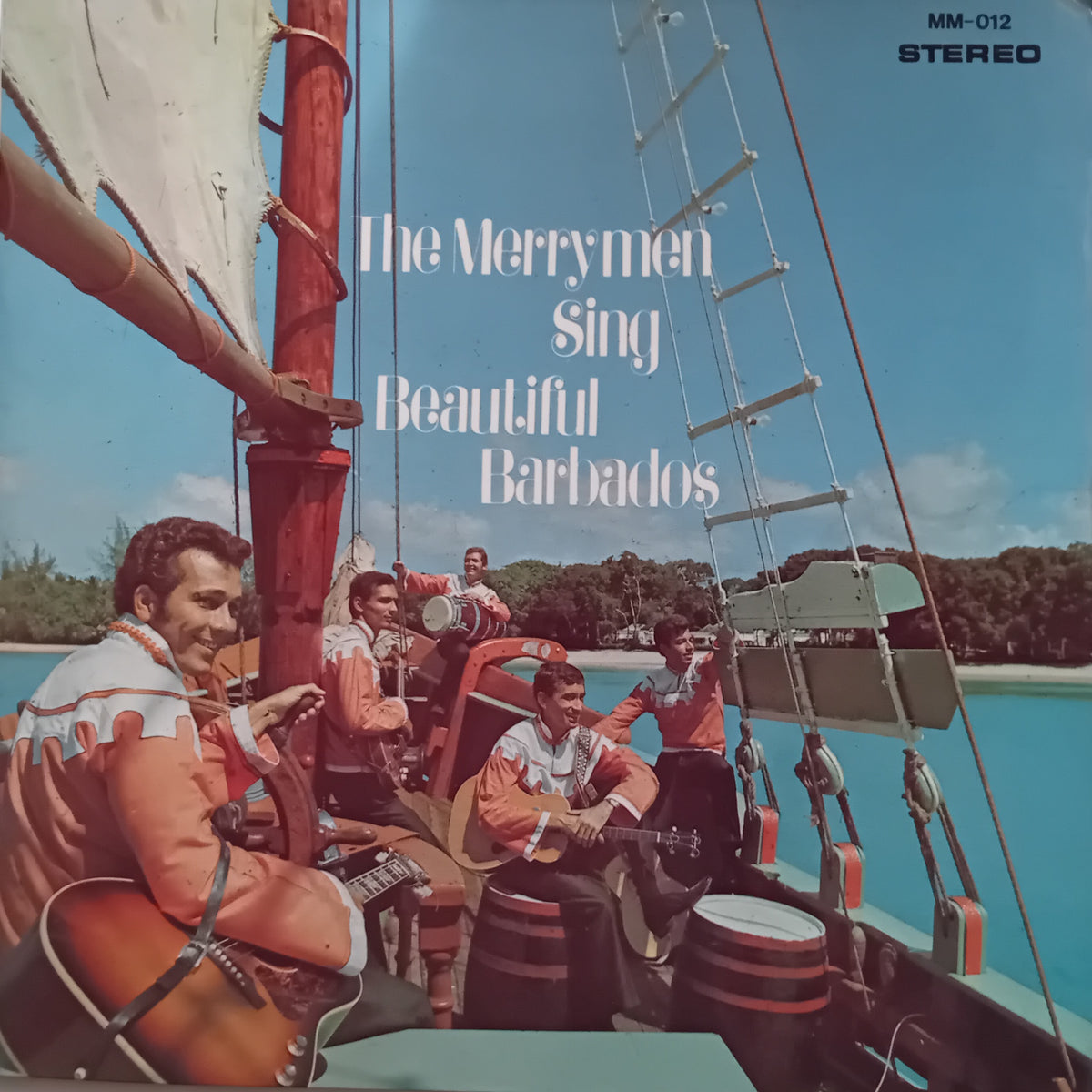 The album cover for 'The Merrymen Sing Beautiful Barbados' on a vintage vinyl record. The cover art features the band performing on a sailing ship with blue water and sky in the background.
