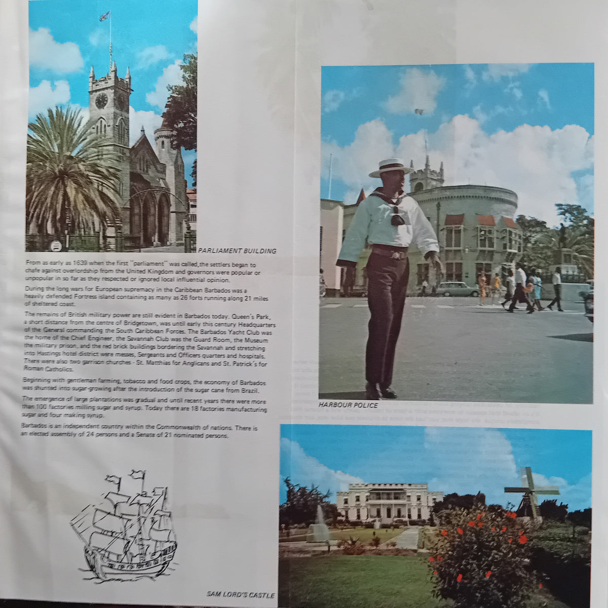 A booklet spread featuring photographs of Barbados, including St. James's Cathedral, the Harbour Police station, and Sambo's Castle, with descriptive text and a small sketch.