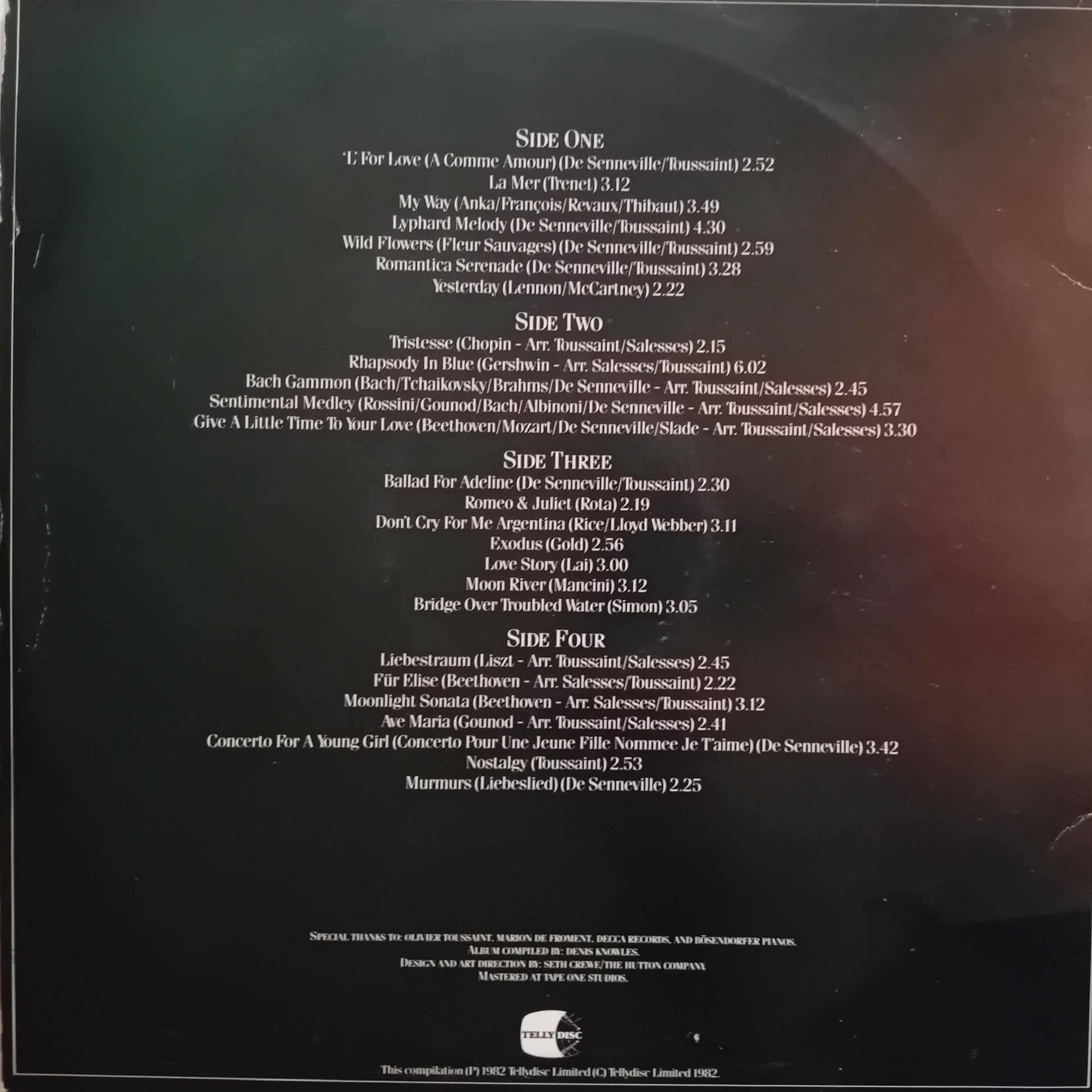 The back cover of a vinyl record sleeve, featuring a black background with white printed track listings for T. Love's 'Side One' through 'Side Four' and a small circular logo at the bottom.