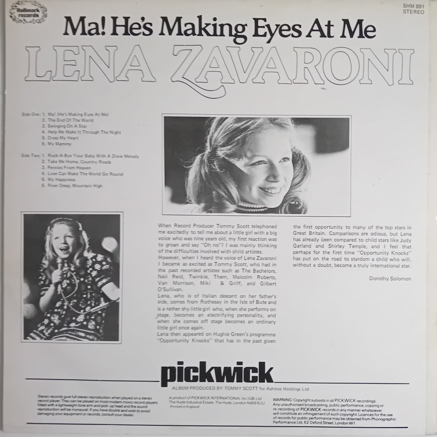 The back cover of a vinyl record for Lena Zavaroni's album 'Ma! He's Making Eyes At Me', featuring track listings, two black-and-white photos of the artist, and the Pickwick logo at the bottom.