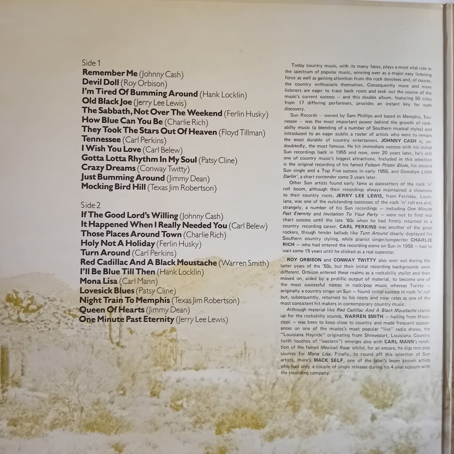 Inner sleeve showing a list of sampled music tracks with names, artists, and copyright text on aged paper, photographed against a light neutral background.