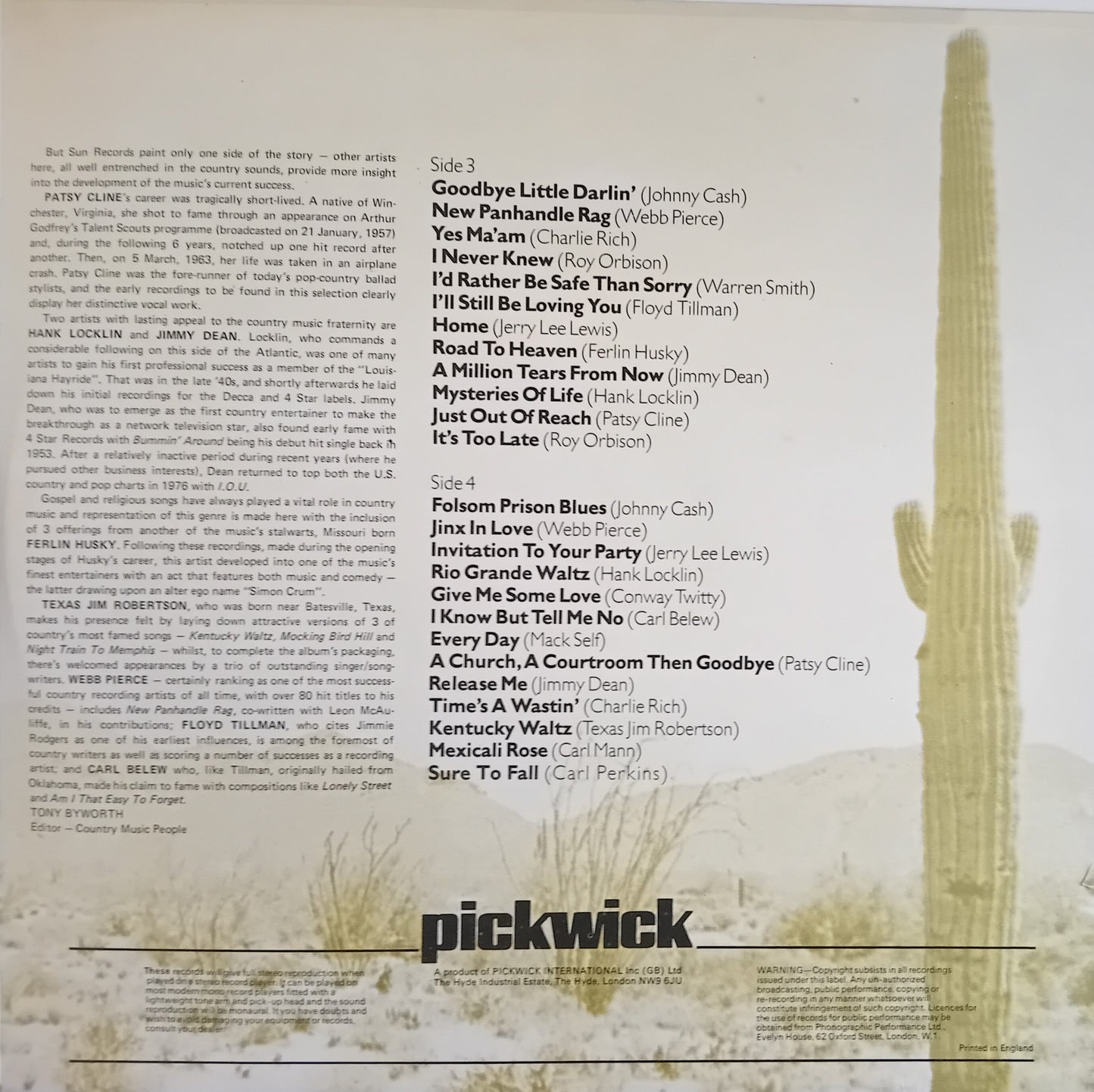 The inner LP sleeve featuring a tracklist on the right and a dense track description on the left, with a sepia-toned vintage illustration on the right side.