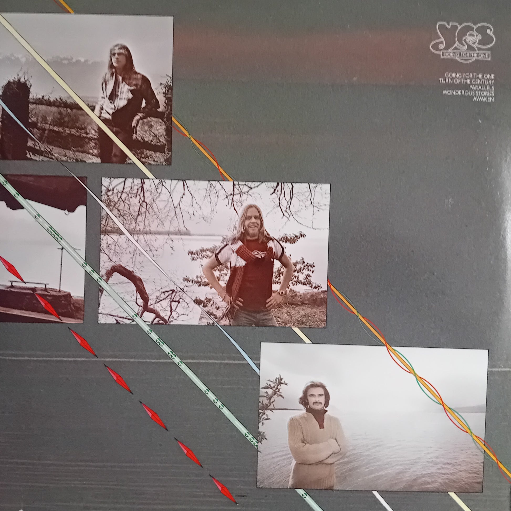 A square album cover for Yes's 'Gong For The Day' featuring three vintage-style color and black-and-white photos of a man outdoors by a lake, overlaid with multicolored diagonal lines on a dark gray background.