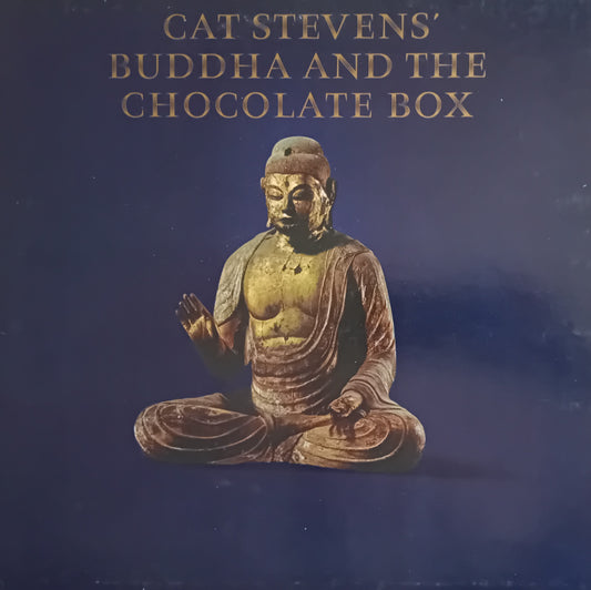 Album cover for Cat Stevens' 'Buddha and the Chocolate Box', featuring a seated Buddha statue against a dark blue background with gold text.