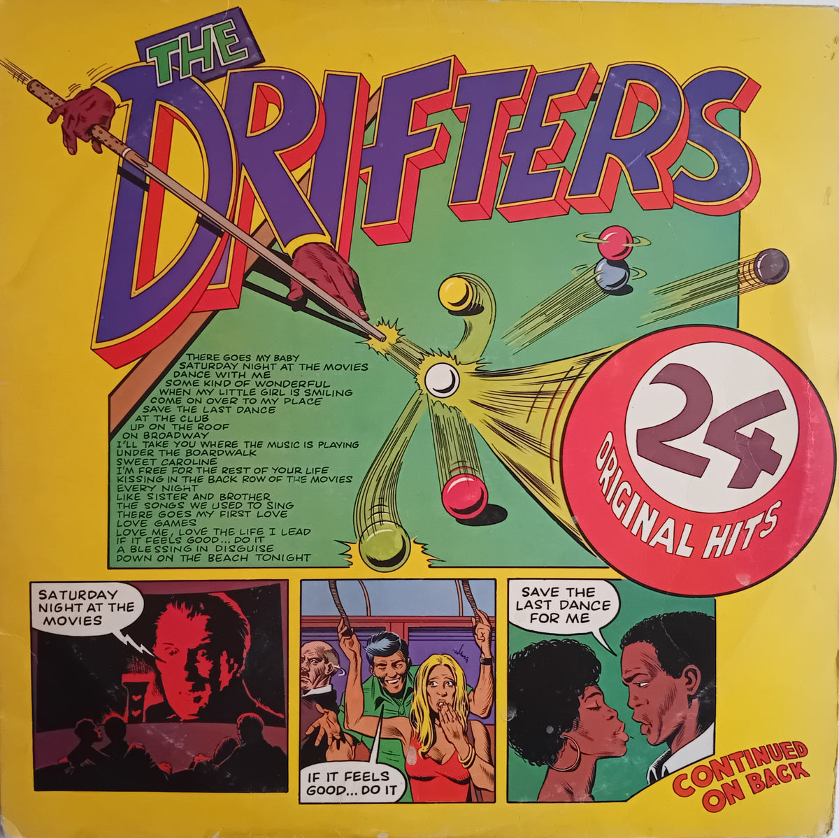 The Drifters '24 Original Hits' vinyl record cover, featuring a bright yellow background with retro-style illustrated graphics, comic panels, and bold multicolored typography.