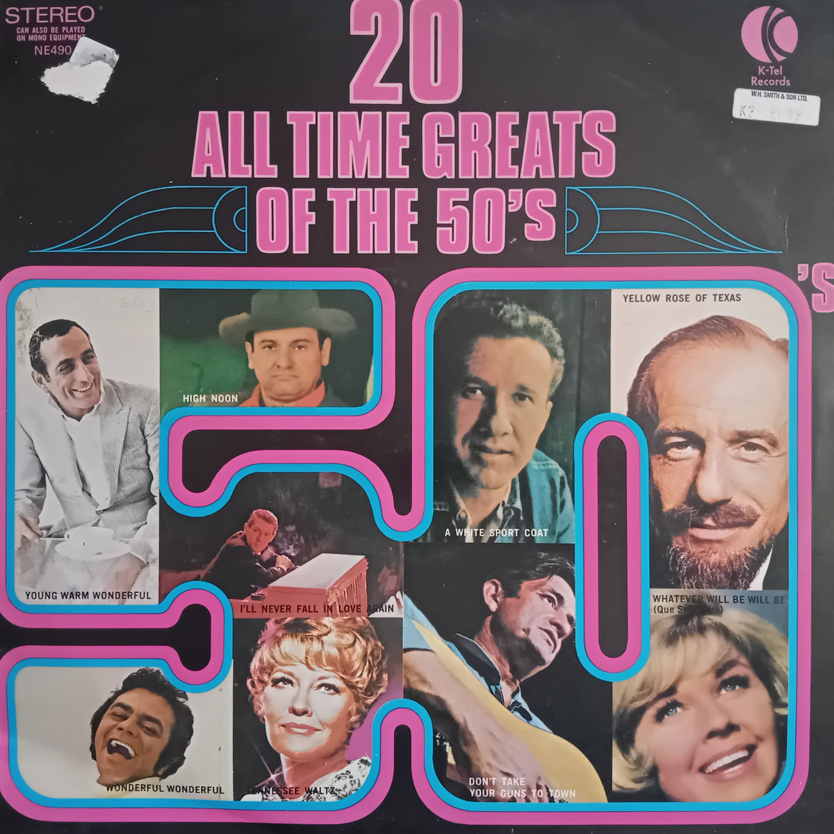 Vinyl record cover for '20 All Time Greats of the 50's' featuring a collage of nine vintage portrait photos of famous singers and musicians, framed by a bold pink and blue wavy border on a black background.