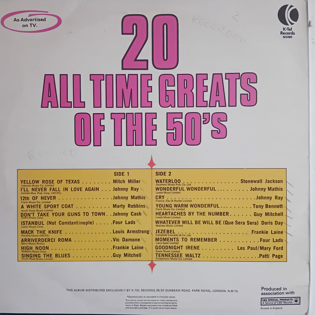 The back cover of a vinyl record album titled '20 All Time Greats of the 50's' on K-Tel Records. The cover features a white background with bold pink title text, a pink 'As Advertised on TV'.
