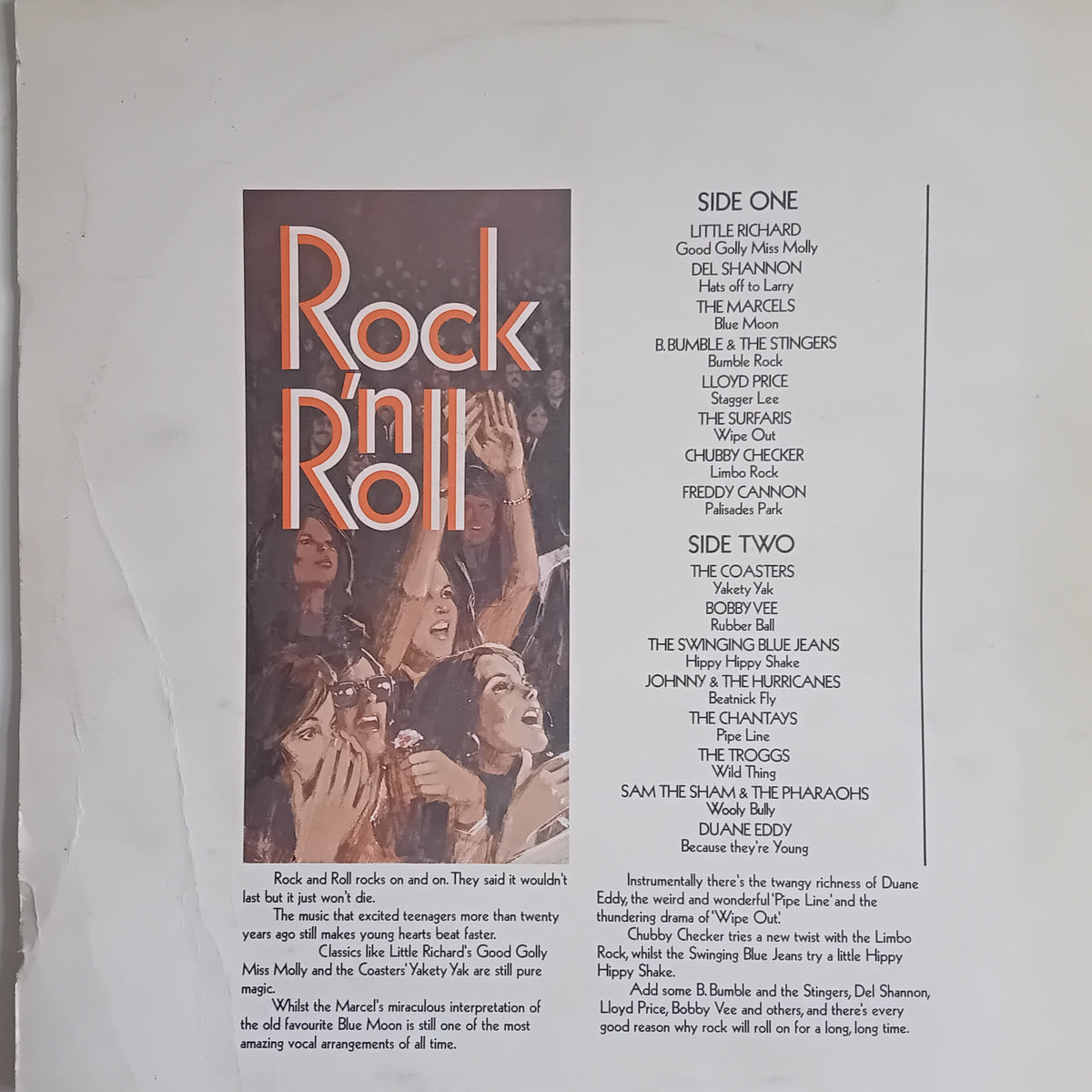 A printed album cover titled 'Rock 'n' Roll' with track listings for Side One and Side Two, photographed against a white background with some curling at the top edge.