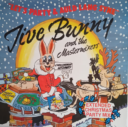 Single cover art for 'Jive Bunny and the Mastermixers' Extended Christmas Party Mix, featuring a cartoon Easter bunny in a red Santa outfit driving a sleigh with a reindeer, set against a snowy blue background with a large yellow moon.