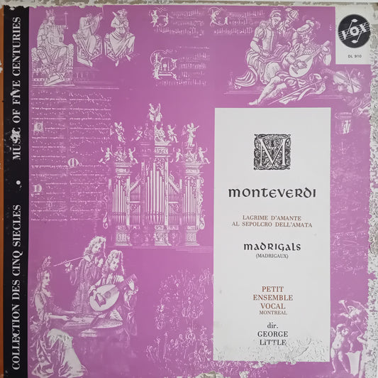 Vinyl record cover for 'Monteverdi: Madrigals' from the 'Collection des cinq siecles' series, featuring a purple background with classical illustrations and a white central label.