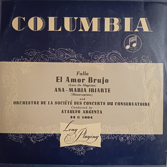 A vintage Columbia record sleeve  'Falla's El Amor Brujo' featuring a dark blue background with gold lettering and ornate scrollwork, and a cream central label area with printed text.