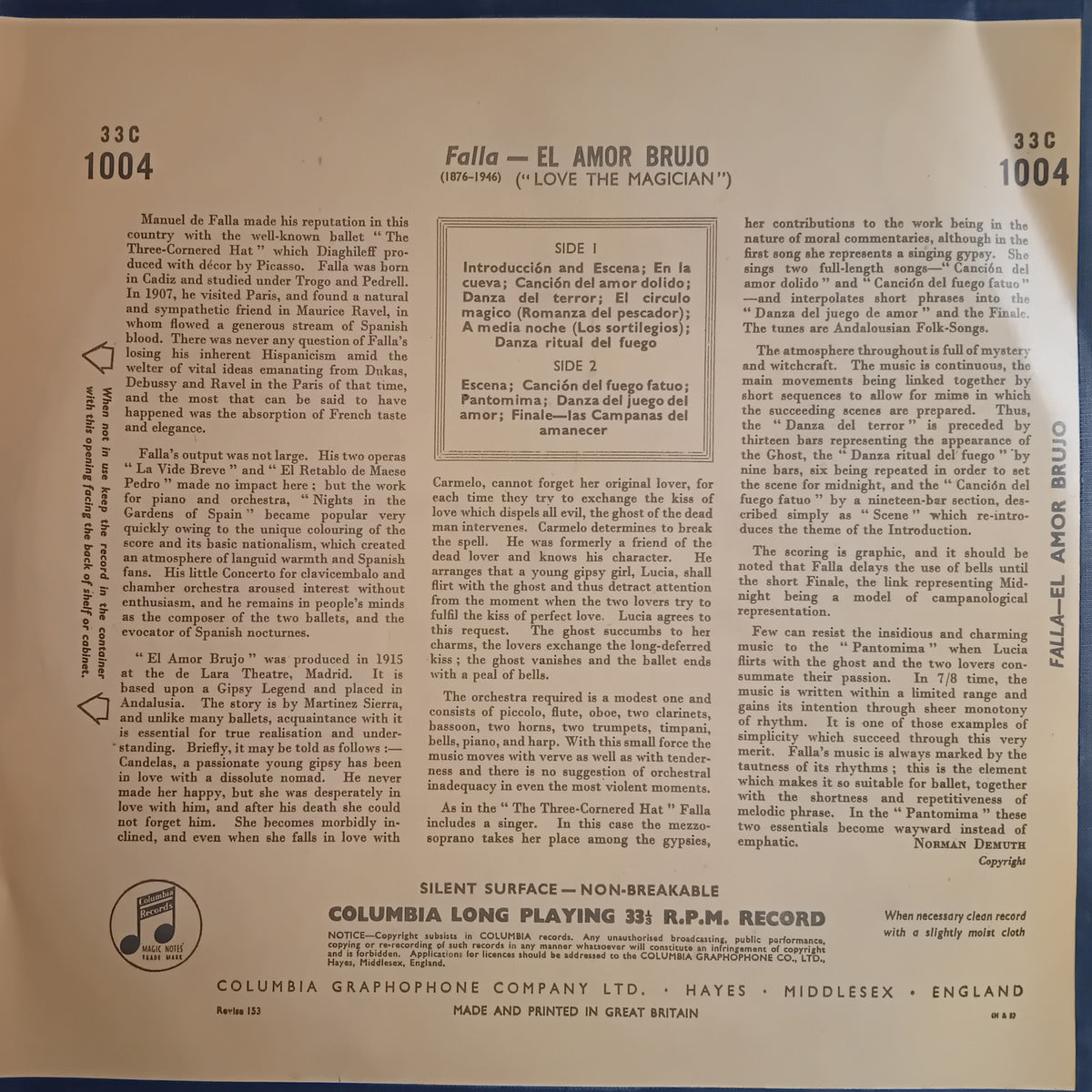 The back cover of a vintage Columbia Gramophone LP record sleeve for 'Falla - El Amor Brujo', featuring printed text, track listings, and a small illustration of a gramophone.