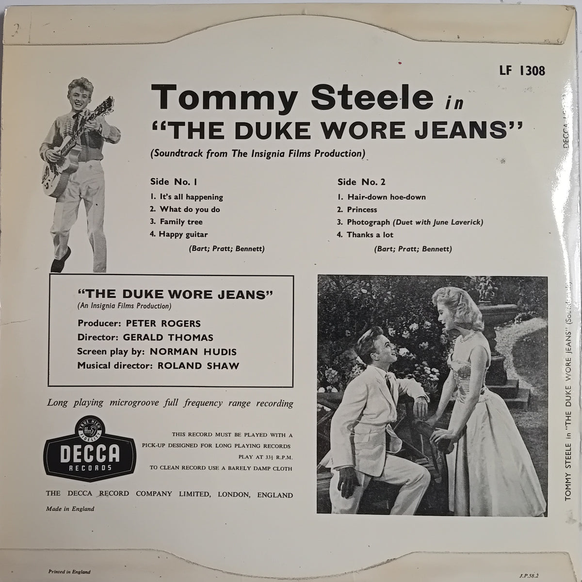 Vinyl record cover for Tommy Steele's 'The Duke Wore Jeans' soundtrack, released on Decca Records. The cover features printed track listings, credits, and two black-and-white photos of Tommy Steele, with the Decca logo at the bottom.