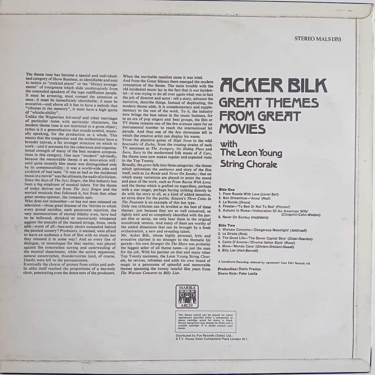 The back cover of a vinyl record sleeve for 'Acker Bilk - Great Themes From Great Movies' featuring the Leon Young String Chorus, photographed flat against a white background.