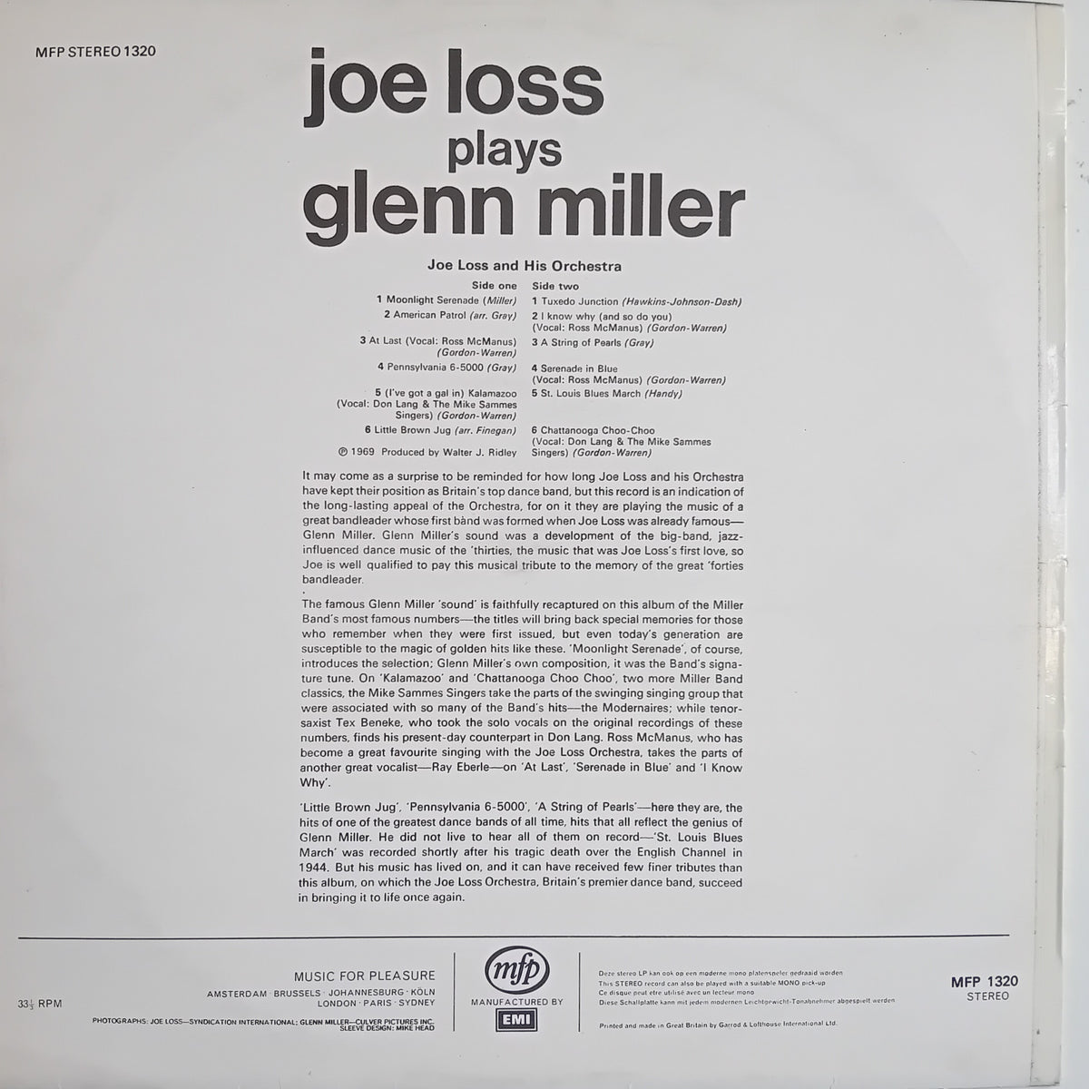 The back cover of a vinyl record sleeve for 'Joe Loss Plays Glenn Miller' on MFP 1230, showing track listings, credits, and logos against a white background.