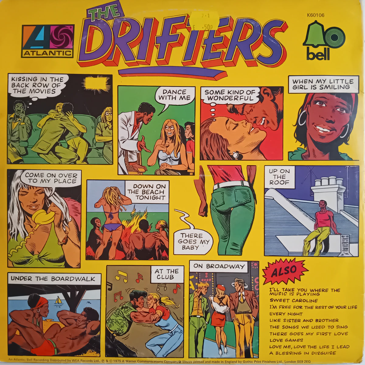 The Drifters vinyl record cover, featuring a vintage comic strip collage on a bright yellow background with the Atlantic and Apollo labels.