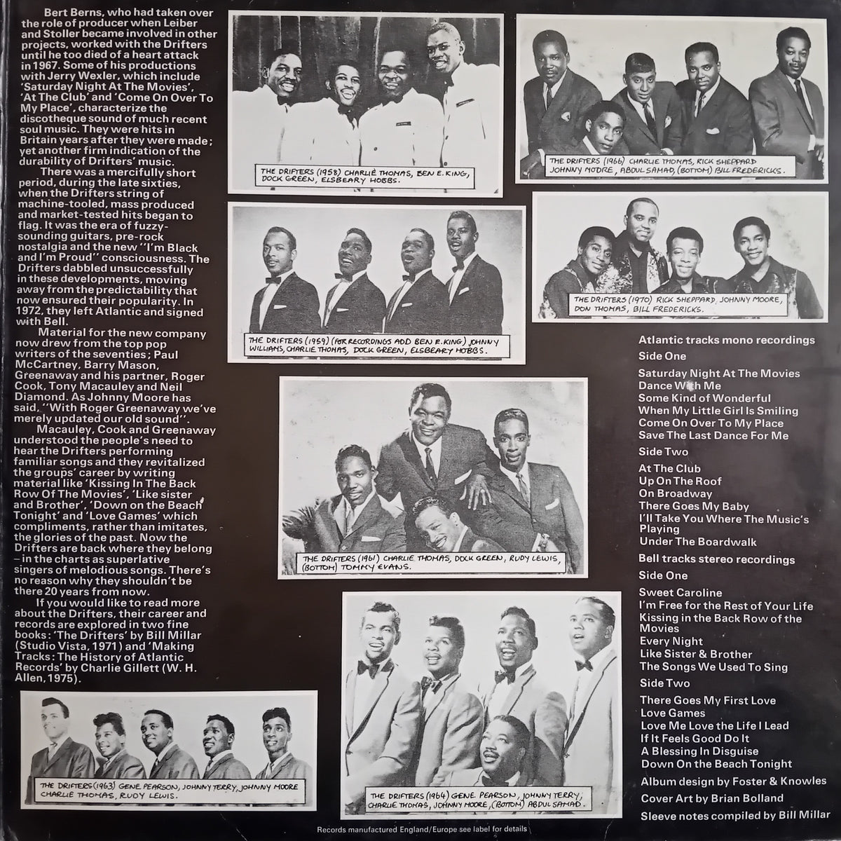 A dark brown inner cover featuring multiple black-and-white portrait photos of musicians, columns of biographical text, and a tracklist layout.
