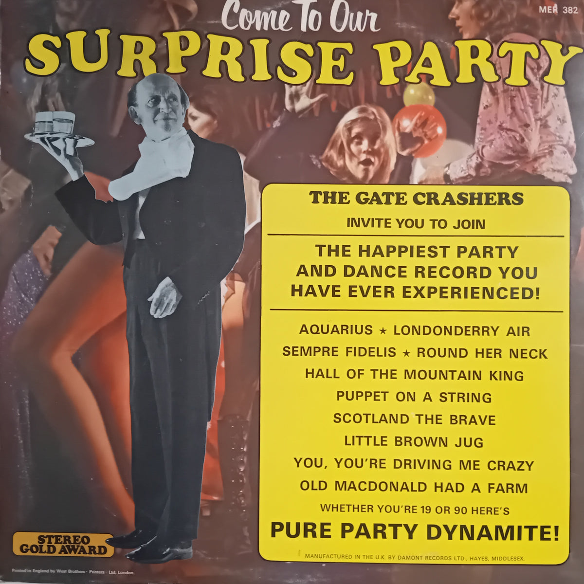 Vinyl record cover for 'Come To Our Surprise Party' featuring a retro promotional design with a man in a tuxedo holding a tray, partial figures of women, and a large yellow text box listing song titles and artist names.