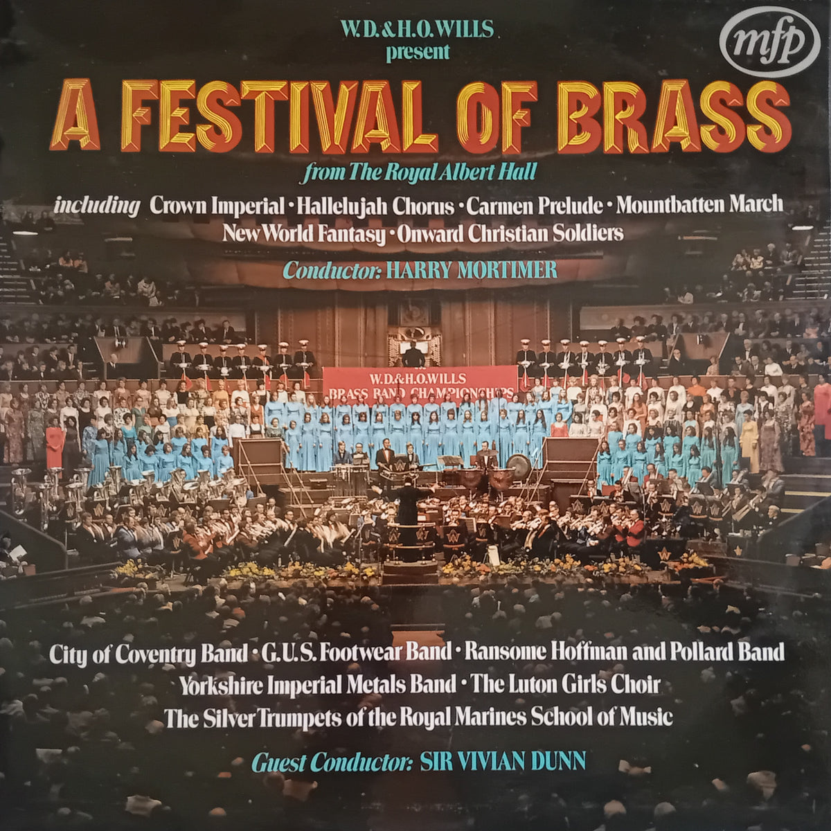 Album cover for 'A Festival of Brass' featuring a large concert photograph of a brass ensemble and orchestra in a stadium, with prominent title text and performer credits.