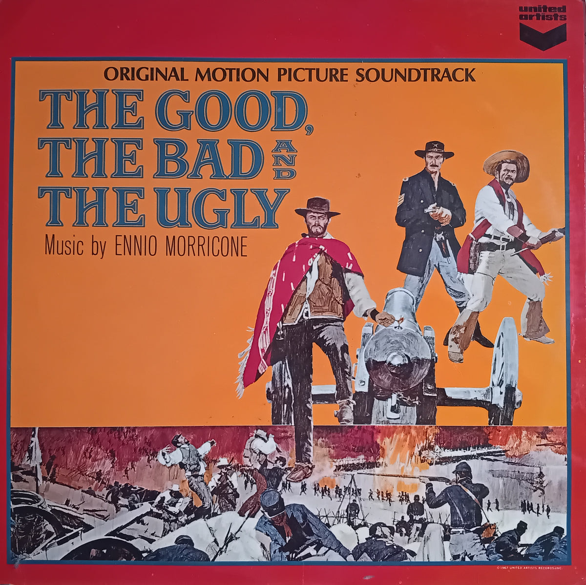 The Good, The Bad and The Ugly original motion picture soundtrack vinyl record cover, featuring a bright orange background with illustrated characters and a western battle scene along the bottom. The Soundstage logo is visible in the top right corner.