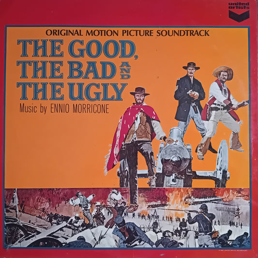 The Good, The Bad and The Ugly original motion picture soundtrack vinyl record cover, featuring a bright orange background with illustrated characters and a western battle scene along the bottom. The Soundstage logo is visible in the top right corner.