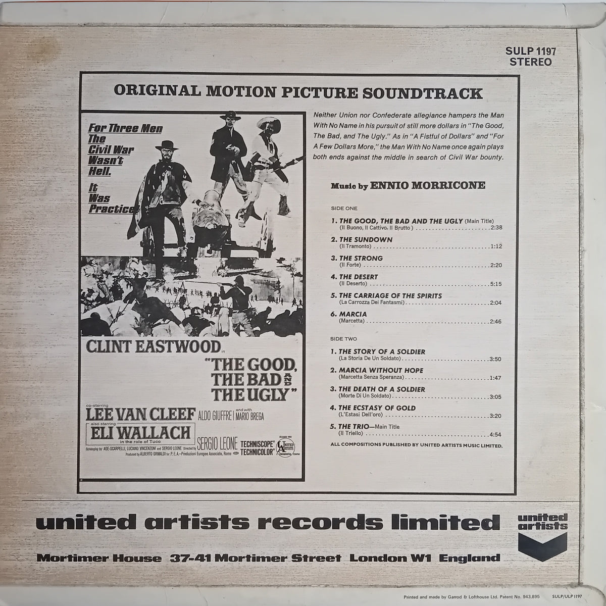 The back cover of a vinyl record album for 'Original Motion Picture Soundtrack' featuring Clint Eastwood's 'The Good, The Bad and The Ugly'. The cover is printed in black ink on a warm beige background and lists the music by Ennio Morricone and the cast.