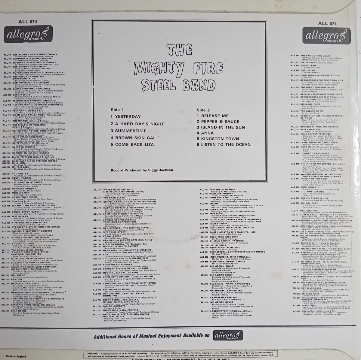 The back cover of a vinyl record for 'The Mighty Fire Steel Band' on the Allegro label, showing track listings for Side 1 and Side 2 on a white background.