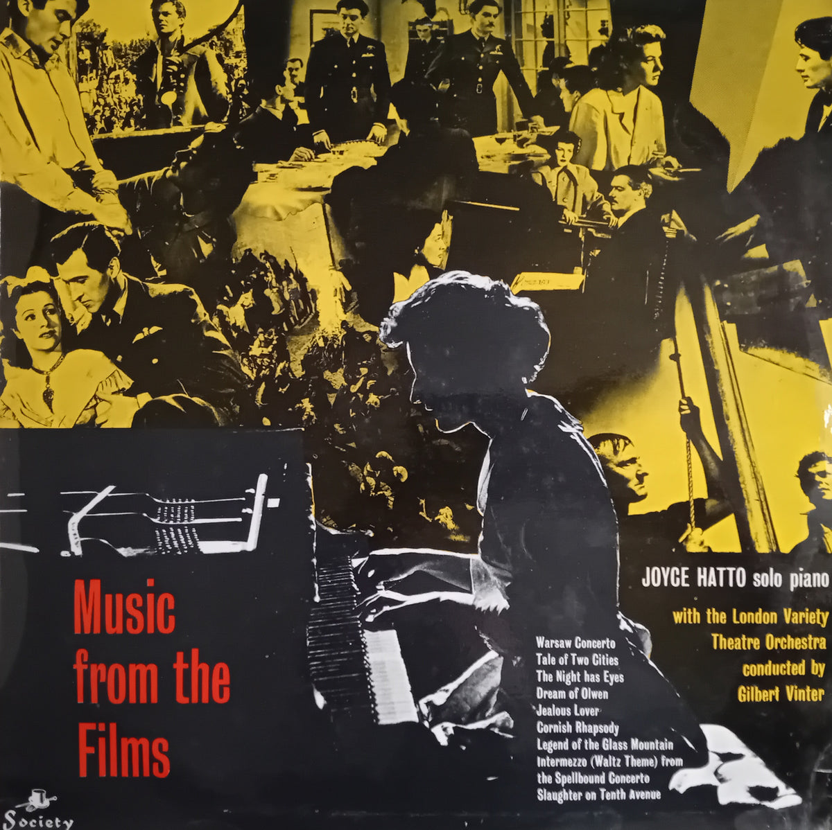 Vinyl record album cover for 'Music from the Films' featuring a collage of black and yellow film stills with a large black silhouette of a pianist in the foreground. Text on the right reads 'JOYCE HATTO solo piano with the London Variety Theatre Orchestra conducted by Gilbert Vinter'.