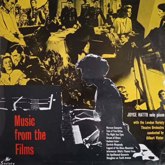 Vinyl record album cover for 'Music from the Films' featuring a collage of black and yellow film stills with a large black silhouette of a pianist in the foreground. Text on the right reads 'JOYCE HATTO solo piano with the London Variety Theatre Orchestra conducted by Gilbert Vinter'.