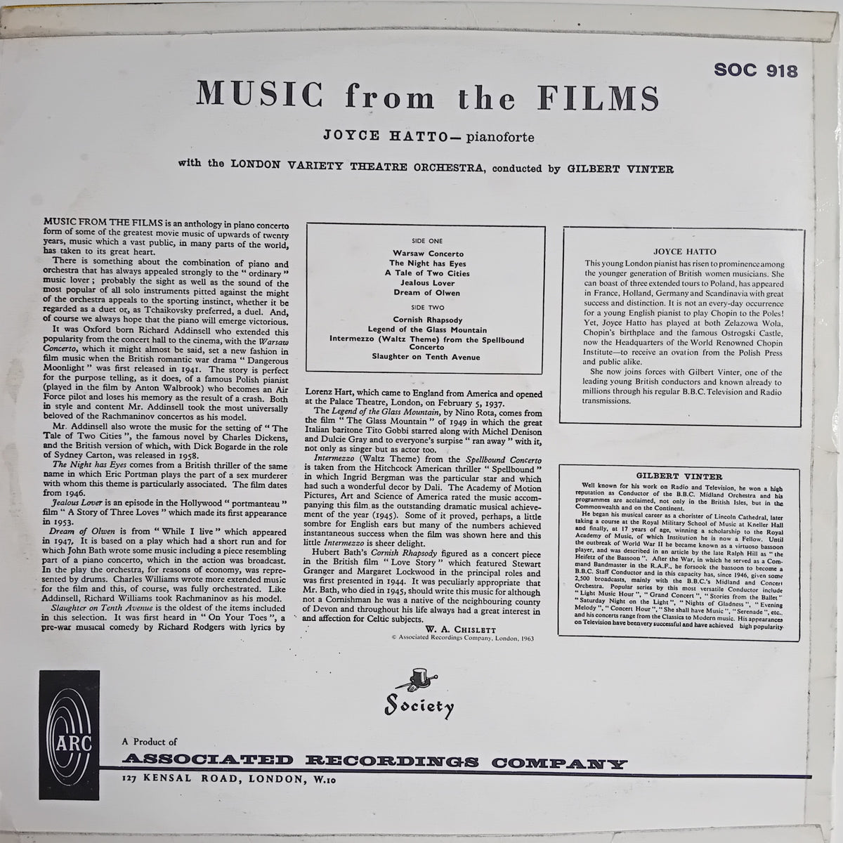 The back cover of a vinyl record for 'Music from the Films' by Joyce Hatto, performed by Gilbert Vinter, released by the Associated Recording Company. The cover is printed on off-white paper with black text and features various publisher details, track listings, and credits.