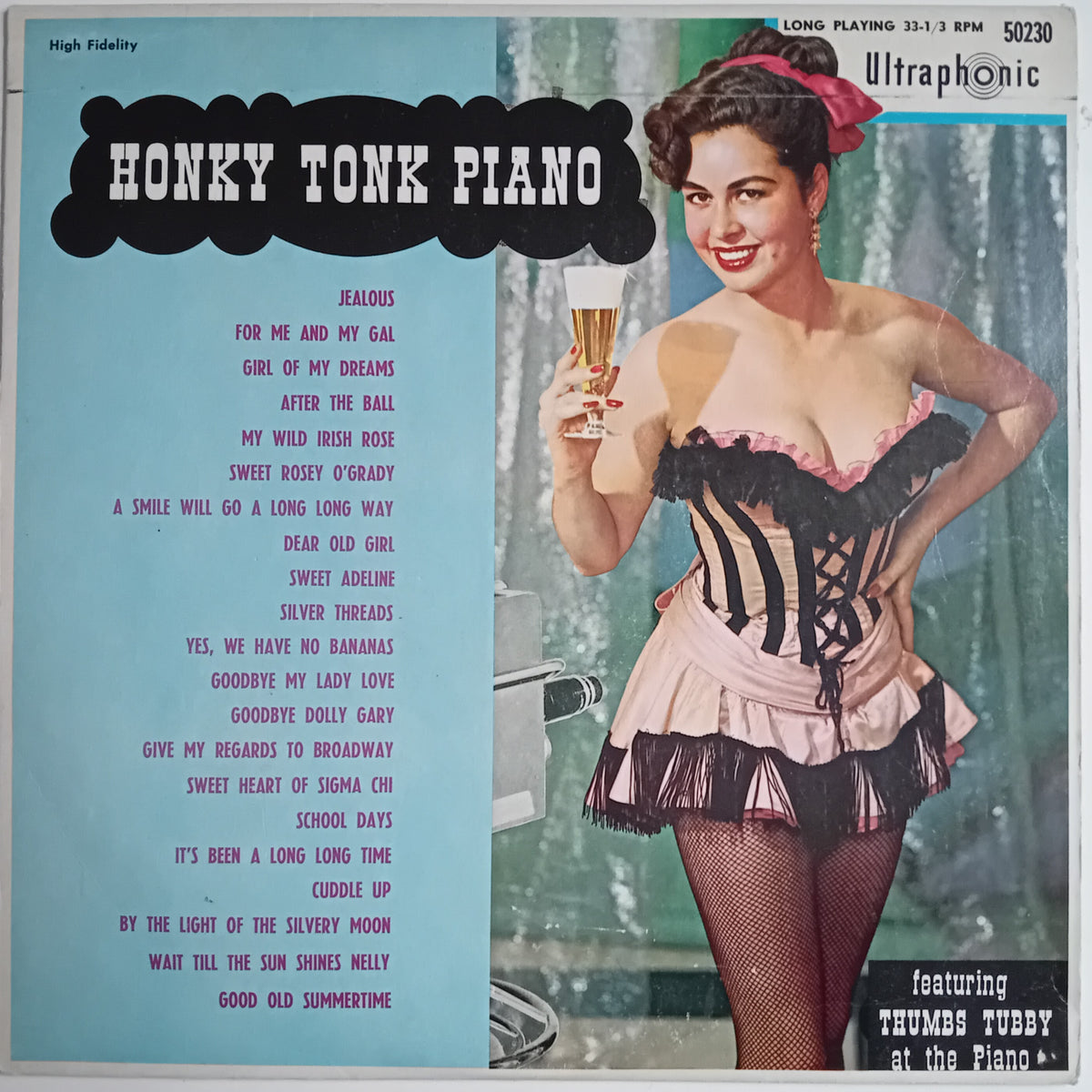 Vinyl record album cover for 'Honky Tonk Piano' featuring a retro-style illustration of a woman in a pink and black corset holding a glass of champagne, with a track list on a light blue background and Ultraphonic branding.