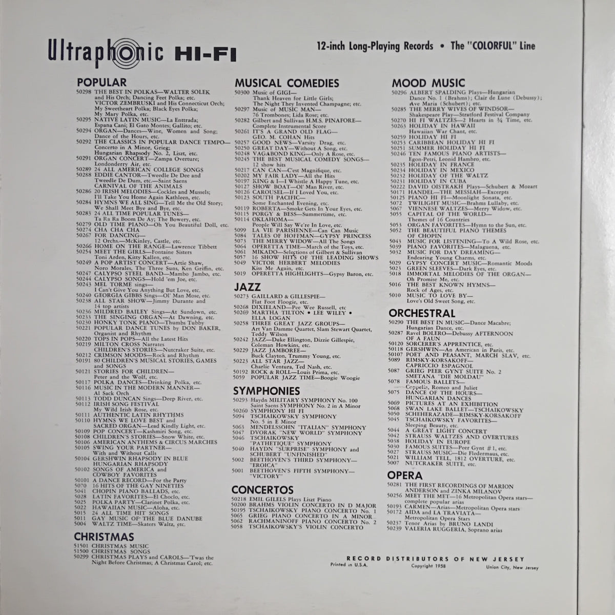 The back cover of a 12-inch long-playing record album showing a white background with black text listing various music genres and artists.