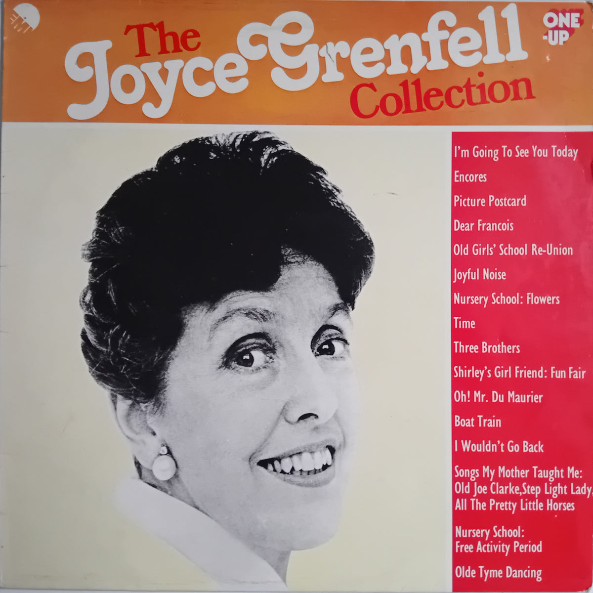 The Joyce Grenfell Collection vinyl record cover, featuring a black-and-white portrait of Joyce Grenfell on the left and a pink tracklist on the right, with an orange header.